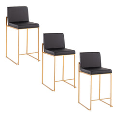 Fuji 26" Contemporary High Back Counter Stool in Gold Steel and Black Faux Leather by LumiSource - Set of 3
