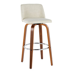 Toriano 30" Mid-Century Modern Fixed-Height Barstool with Swivel in Walnut Wood and Cream Fabric with Round Chrome Metal Footrest by LumiSource - Set of 2