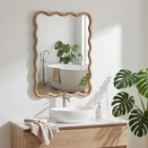 Natural Wood Color 20"x30" Wavy Rectangle Solid Wood Frame Decorative Mirror,For Bedroom, Bathroom, Living Room, Entryway
