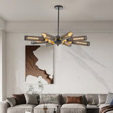 34" Modern Industrial Sputnik Chandelier, 8-Light Black and Gold Metal Pendant Light with Mesh Shades, E26 Base, Adjustable Height for Dining Room, Living Room, or Kitchen Island (Bulb Not Included)