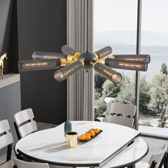 34" Modern Industrial Sputnik Chandelier, 8-Light Black and Gold Metal Pendant Light with Mesh Shades, E26 Base, Adjustable Height for Dining Room, Living Room, or Kitchen Island (Bulb Not Included)