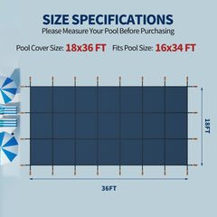 Swimming Pool Safety Cover, Fits 18x36ft Rectangular underground and Inground Swimming Pools, Triple Stitched High Strength Mesh PP Abrasion Resistant Installation Hardware Included,Blue Mesh