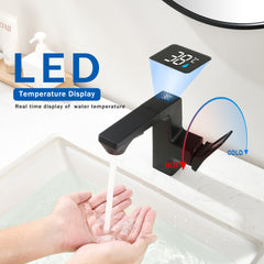Matte Black Smart LED Bathroom Faucet - Temperature Digital Display, Pull Down Sprayer for RV and Home Sinks