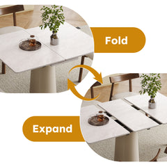 Retractable Rock Slab Folding Dining Table, Modern Square Expandable Table with Leather-Wrapped Stainless Steel Base, Dual-Purpose Space Saving Kitchen Table for Small Apartments