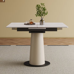 Retractable Rock Slab Folding Dining Table, Modern Square Expandable Table with Leather-Wrapped Stainless Steel Base, Dual-Purpose Space Saving Kitchen Table for Small Apartments