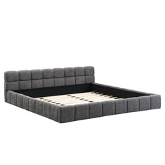 Elegant Beige Chenille Upholstered Bed with Checkerboard Design, King, Grey