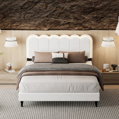 Lambswool Petal Headboard Bed Frame Cream Style Bedroom Soft Bed with Atmosphere Light, Full