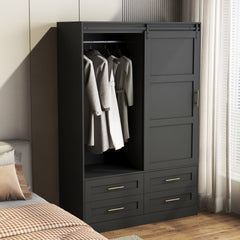 Tall Bedroom Armoire Wardrobe Closet Clothing Storage Cabinet with Hanging Rod Barn Door Drawers Open Shelves