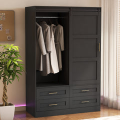 Tall Bedroom Armoire Wardrobe Closet Clothing Storage Cabinet with Hanging Rod Barn Door Drawers Open Shelves