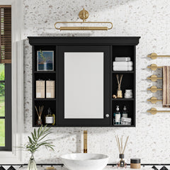 35'' x 28'' Black Wall Mounted Bathroom Storage Cabinet with Mirror Door, Modern Bathroom Wall Cabinet with Mirror, Medicine Cabinet with 6 Open Shelves