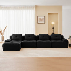 153" Modern L-Shaped Modular Sectional Sofa for Living Room, Corduroy Fabric, 4-Seater Couch with Deep Seat and Movable Ottoman, Pearl-like piping, Tufted Design, No Assembly, Anti-slip Design,Black