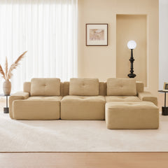 117" Modern L-Shaped Modular Sectional Sofa for Living Room, Corduroy Fabric,3-Seater Couch with Deep Seat and Movable Ottoman,Pearl-like piping, Tufted Design,No Assembly, Anti-slip Design, Camel