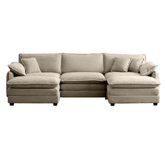 Oversized modular cushioned sofa with conversible ottoman, 3-seater sofa with 2 footstools, U shape sofa in Camel corduroy fabric