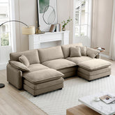 Oversized modular cushioned sofa with conversible ottoman, 3-seater sofa with 2 footstools, U shape sofa in Camel corduroy fabric