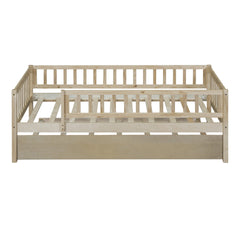 Twin Size Wood Daybed with Trundle and Fence Guardrails, Natural