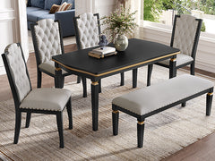 6-Piece Kitchen Dining Table Set, 60" Rectangular Table and 4 High-Back Tufted Chairs & 1 Bench for Dining Room and Kitchen (Black)