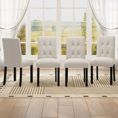 4 Piece Modern Tufted Dining Chair, Rustic Linen Upholstered with Black Rubber Wood Legs, Upholstered Accent Chair for Kitchen, Dining Room, Bedroo, Beige