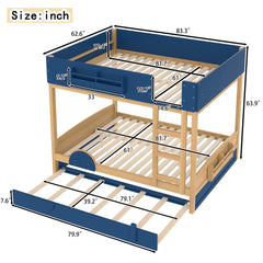 Queen Bunk Bed with Trundle , Wood Bunk Bed Frame with Built-in Bookshelf and High-quality Safety Guardrail,Automobile Form Design for Kids ,Blue&Natural