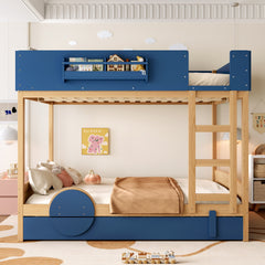 Queen Bunk Bed with Trundle , Wood Bunk Bed Frame with Built-in Bookshelf and High-quality Safety Guardrail,Automobile Form Design for Kids ,Blue&Natural