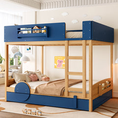 Queen Bunk Bed with Trundle , Wood Bunk Bed Frame with Built-in Bookshelf and High-quality Safety Guardrail,Automobile Form Design for Kids ,Blue&Natural