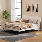 King Size Upholstered Bed Frame, Pu Leather Platform Bed with Wave-Like Curve Design and Trapezoidal-Shaped Leg, No Box Spring Needed, White