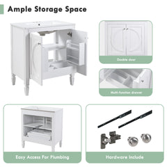 30" No Assembly Needed Vintage White Bathroom Vanity with Ceramic Sink,Two Soft-Close Doors & Adjustable Shelf,Modern Farmhouse Style