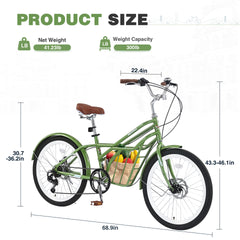 6 Speed, Steel Frame, Multiple Colors 24 Inch Bike,Commuter Bike for Adults