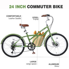 6 Speed, Steel Frame, Multiple Colors 24 Inch Bike,Commuter Bike for Adults