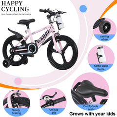 FKZNPJ Kids Bike 18 Inch – High Carbon Steel Frame, Magnesium Alloy Wheels, Training Wheels with Night Glow, Adjustable Seat, Water Bottle – Girls & Boys Bicycle Ages 3-9, Toddler Bike