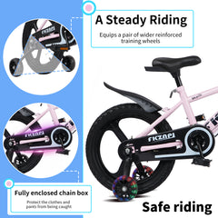 FKZNPJ Kids Bike 18 Inch – High Carbon Steel Frame, Magnesium Alloy Wheels, Training Wheels with Night Glow, Adjustable Seat, Water Bottle – Girls & Boys Bicycle Ages 3-9, Toddler Bike