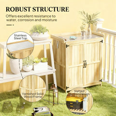 Garden Tool Shed,Wooden Potting Bench with 2 Doors,Outdoor Storage Cabinet,with Metal Tabletop and Shelf