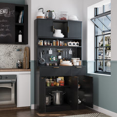 Pantry Cabinet for Living Room, 73" Wooden Fluted Kitchen Microwave Stand Hutch with Storage, Charging Station and DIY Pegboard, Black
