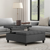 Harrison 40 inch Wide Large Square Coffee Table Storage Ottoman in Slate Grey Linen Look Fabric