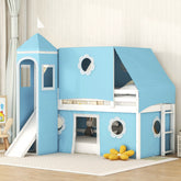 Twin Size Loft Bed with Slide Blue Tent and Tower - Blue