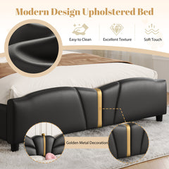 Full Size Upholstered PU Leather Bed Frame, with Butterfly Shaped Headboard and Footboard, Platform Bed Frame with Gold Metal decorations, No Box Spring Needed, Black