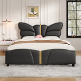 Full Size Upholstered PU Leather Bed Frame, with Butterfly Shaped Headboard and Footboard, Platform Bed Frame with Gold Metal decorations, No Box Spring Needed, Black