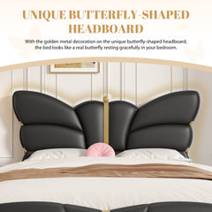 Full Size Upholstered PU Leather Bed Frame, with Butterfly Shaped Headboard and Footboard, Platform Bed Frame with Gold Metal decorations, No Box Spring Needed, Black