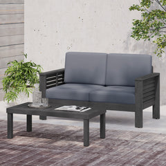 Acacia Wood Outdoor Loveseat and Coffee Table Set with Cushions, Dark Gray