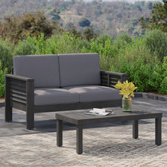 Acacia Wood Outdoor Loveseat and Coffee Table Set with Cushions, Dark Gray