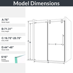 44"-48"W*76" H Frameless Single Sliding Shower Door – 5/16" (8mm) Clear Tempered Glass, Bypass Design with Chrome Finish