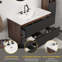 Gloria 36" Wall Mounted Soft Black & Walnut Bathroom Vanity with Integrated Ceramic Sink with 3 holes, with Overflow, Large Storage Floating Bathroom Vanity for Modern Bathroom, KD