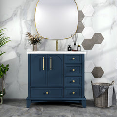 35.6" Modern Bathroom Vanity Sink Combo with Painted Surface, Mid-Century Freestanding Freestanding Bathroom Vanity Sink with Storage, High-end Restroom Vanity Cabinet with Drawers & Metal Handles