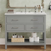 36" Bathroom Vanity with Ceramic Sink, Bathroom Vanity with Tip-Out Tray and 2 Full-Extension Drawers, Silver Pulls and Soft Close Drawer Slides Design, 1 Open Shelf at the Bottom, Gray