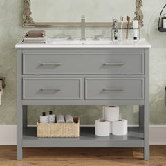 36" Bathroom Vanity with Ceramic Sink, Bathroom Vanity with Tip-Out Tray and 2 Full-Extension Drawers, Silver Pulls and Soft Close Drawer Slides Design, 1 Open Shelf at the Bottom, Gray