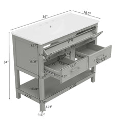 36" Bathroom Vanity with Ceramic Sink, Bathroom Vanity with Tip-Out Tray and 2 Full-Extension Drawers, Silver Pulls and Soft Close Drawer Slides Design, 1 Open Shelf at the Bottom, Gray