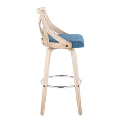 Charlotte 30" Farmhouse Fixed-Height Barstool with Swivel in White Washed Wood, Blue Fabric and Round Chrome Metal Footrest by LumiSource - Set of 2