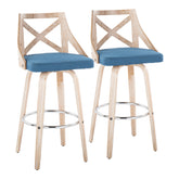 Charlotte 30" Farmhouse Fixed-Height Barstool with Swivel in White Washed Wood, Blue Fabric and Round Chrome Metal Footrest by LumiSource - Set of 2