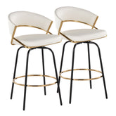 Jie 26" Fixed-Height Contemporary Counter Stool with Swivel in Gold Metal and White Faux Leather with Black Metal Legs and Round Gold Metal Footrest by LumiSource - Set of 2