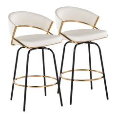 Jie 26" Fixed-Height Contemporary Counter Stool with Swivel in Gold Metal and White Faux Leather with Black Metal Legs and Round Gold Metal Footrest by LumiSource - Set of 2