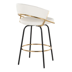 Jie 26" Fixed-Height Contemporary Counter Stool with Swivel in Gold Metal and White Faux Leather with Black Metal Legs and Round Gold Metal Footrest by LumiSource - Set of 2